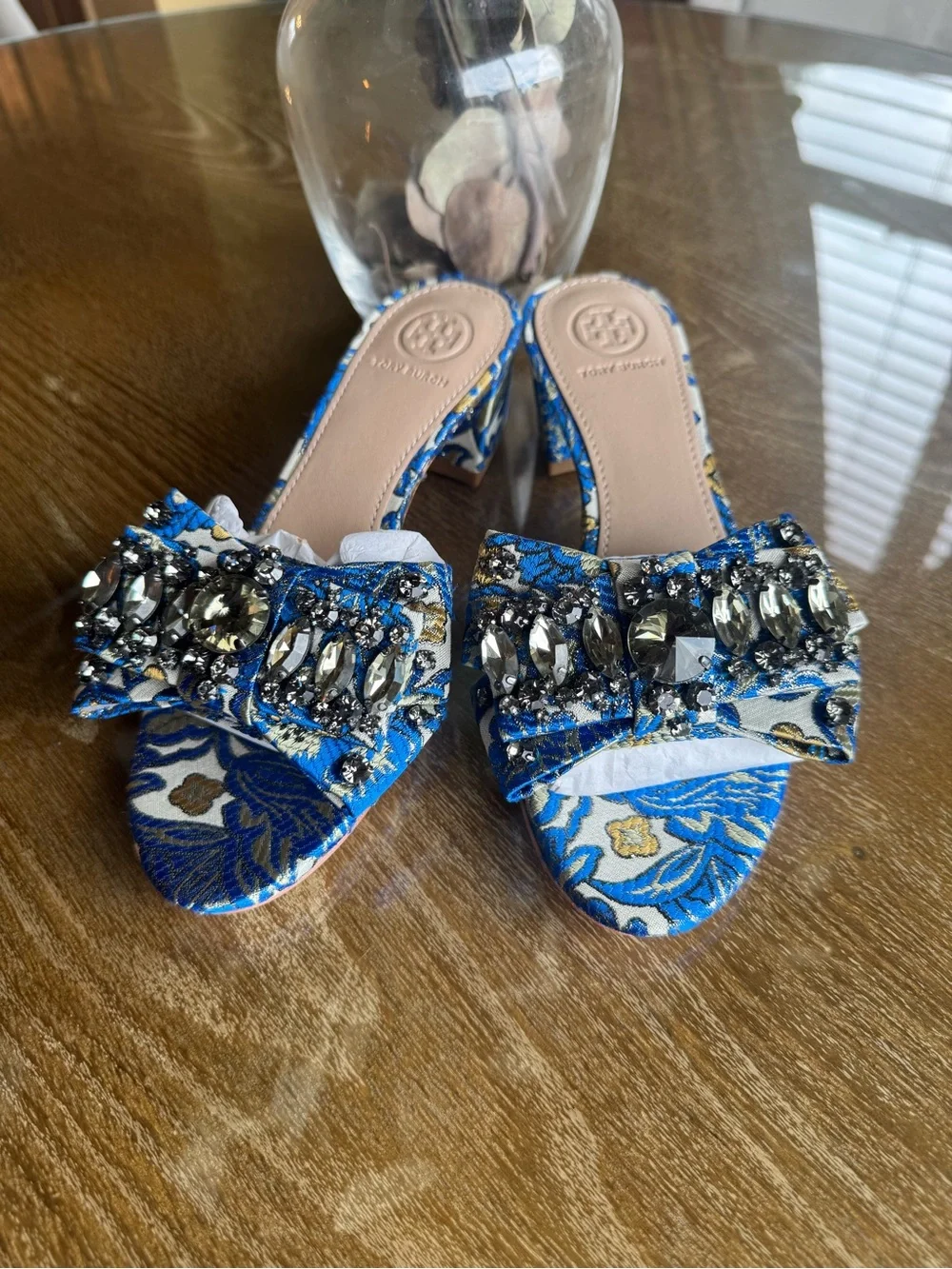 Tory Burch Valentina Brocade Crystal Bow Slide Sandals Blue Gold Size 6